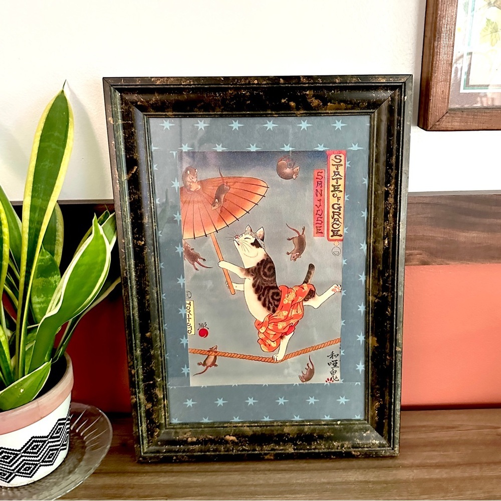 Japanese Cat on the High Wire Umbrella Mice Rat Tattoo Style Canvas Print Framed